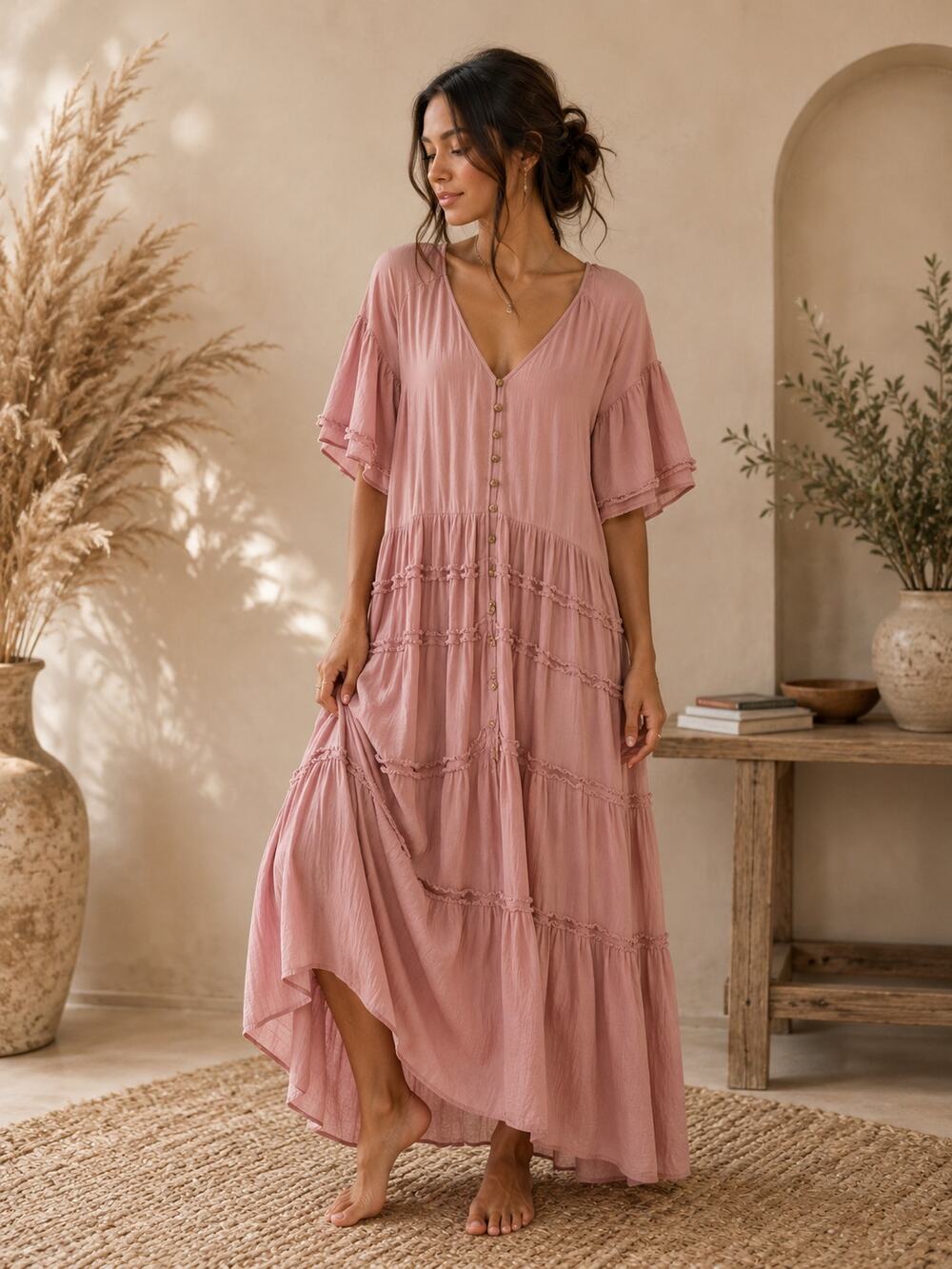 Free People Endless Summer Orianna Ruffled Maxi Dress in Smoked Pink / Rose